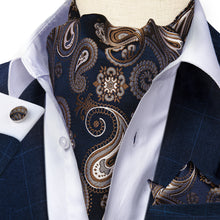 Black Brown Paisley Silk Cravat Woven Ascot Tie Pocket Square Handkerchief Suit Set