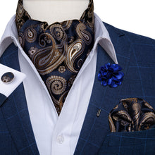 New Black Brown Paisley Silk Cravat Woven Ascot Tie Pocket Square Handkerchief Suit Set With Lapel Pin Brooch Set