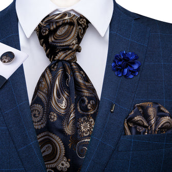 Black Brown Paisley Silk Cravat Woven Ascot Tie Pocket Square Handkerchief Suit Set With Lapel Pin Brooch Set