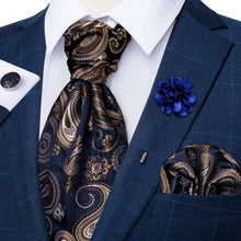 Black Brown Paisley Silk Cravat Woven Ascot Tie Pocket Square Handkerchief Suit Set With Lapel Pin Brooch Set