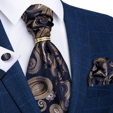 New Black Brown Paisley Silk Cravat Woven Ascot Tie Pocket Square Cufflinks With Tie Ring Gift Box Set