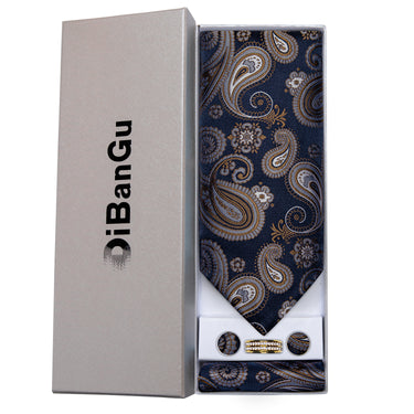 New Black Brown Paisley Silk Cravat Woven Ascot Tie Pocket Square Cufflinks With Tie Ring Gift Box Set