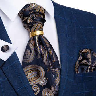 Black Brown Paisley Silk Cravat Woven Ascot Tie Pocket Square Cufflinks With Tie Ring Set