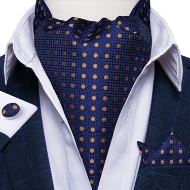New Blue Brown Polka Dot Silk Cravat Woven Ascot Tie Pocket Square Handkerchief Suit Set