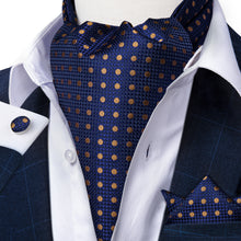Blue Brown Polka Dot Silk Cravat Woven Ascot Tie Pocket Square Handkerchief Suit Set