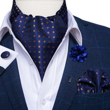 New Blue Brown Polka Dot Silk Cravat Woven Ascot Tie Pocket Square Handkerchief Suit Set With Lapel Pin Brooch Set