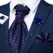 Blue Brown Polka Dot Silk Cravat Woven Ascot Tie Pocket Square Handkerchief Suit Set With Lapel Pin Brooch Set