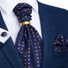 Blue Brown Polka Dot Silk Cravat Woven Ascot Tie Pocket Square Cufflinks With Tie Ring Set