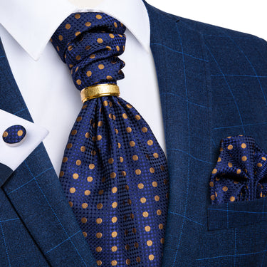 New Blue Brown Polka Dot Silk Cravat Woven Ascot Tie Pocket Square Cufflinks With Tie Ring Set