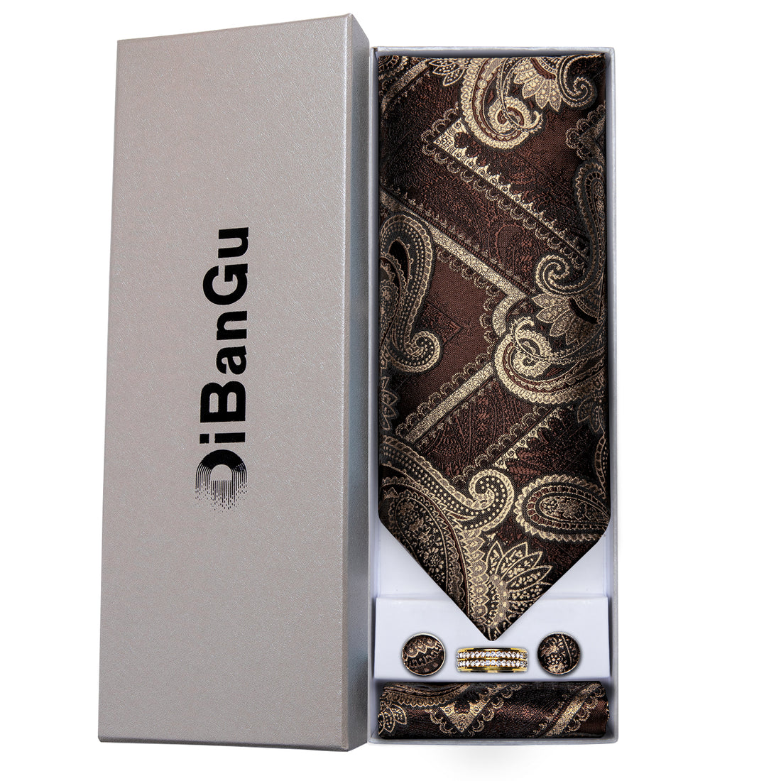 father's day tie gift set of deep brown paisley silk mens necktie handkerchief cufflinks set with tie accessory ring set for business suit dress top