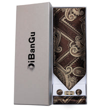 Brown Paisley Silk Cravat Woven Ascot Tie Pocket Square Cufflinks With Tie Ring Gift Box Set
