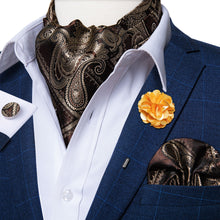 Brown Paisley Silk Cravat Woven Ascot Tie Pocket Square Handkerchief Suit Set With Lapel Pin Brooch Set