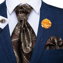 Brown Paisley Silk Cravat Woven Ascot Tie Pocket Square Handkerchief Suit Set With Lapel Pin Brooch Set