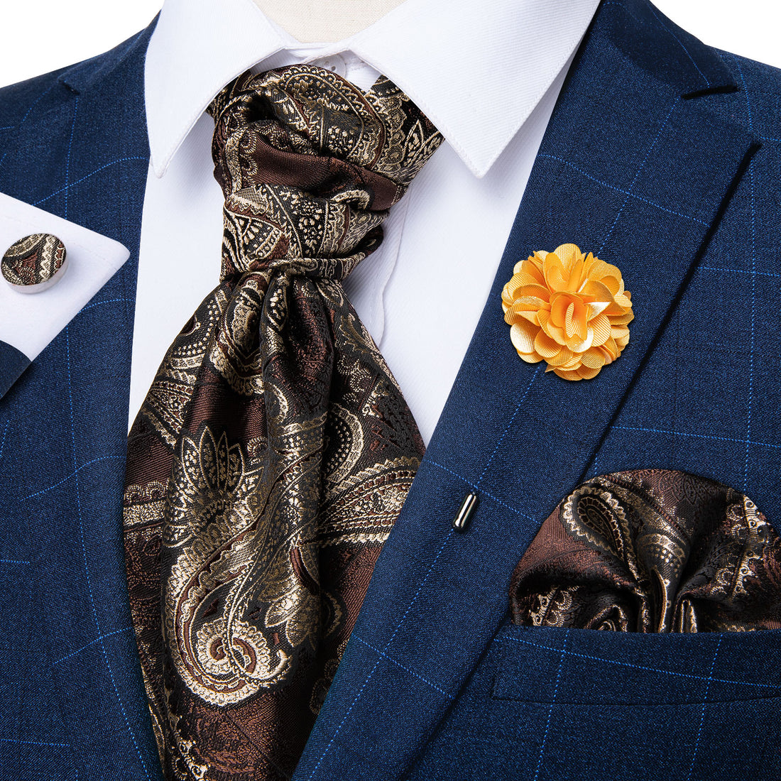 Brown Paisley Silk Cravat Woven Ascot Tie Pocket Square Handkerchief Suit Set With Lapel Pin Brooch Set