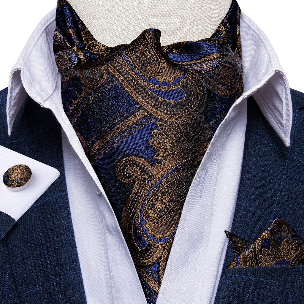 New Novelty Blue Brown Paisley Silk Cravat Woven Ascot Tie Pocket Squa ...