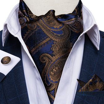Novelty Blue Brown Paisley Silk Cravat Woven Ascot Tie Pocket Square Handkerchief Suit Set
