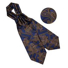 Novelty Blue Brown Paisley Silk Cravat Woven Ascot Tie Pocket Square Handkerchief Suit Set