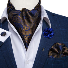 Blue Brown Paisley Silk Cravat Woven Ascot Tie Pocket Square Handkerchief Suit Set With Lapel Pin Brooch Set