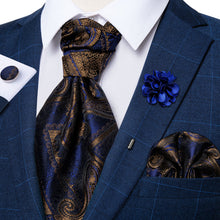 Blue Brown Paisley Silk Cravat Woven Ascot Tie Pocket Square Handkerchief Suit Set With Lapel Pin Brooch Set