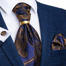 Blue Brown Paisley Silk Cravat Woven Ascot Tie Pocket Square Cufflinks With Tie Ring Set