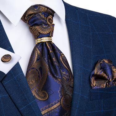 New Blue Brown Paisley Silk Cravat Woven Ascot Tie Pocket Square Cufflinks With Tie Ring Set