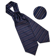 New Novelty Blue Brown Striped Silk Cravat Woven Ascot Tie Pocket Square Handkerchief Suit Set