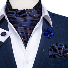 New Novelty Blue Brown Striped Silk Cravat Woven Ascot Tie Pocket Square Handkerchief Suit Set With Lapel Pin Brooch Set