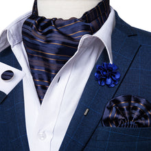 New Novelty Blue Brown Striped Silk Cravat Woven Ascot Tie Pocket Square Handkerchief Suit Set With Lapel Pin Brooch Set