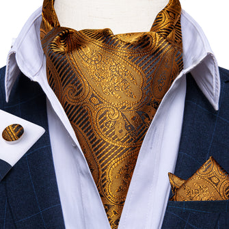 Gold Paisley Silk Cravat Woven Ascot Tie Pocket Square Handkerchief Suit Set