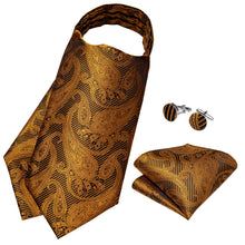 Gold Paisley Silk Cravat Woven Ascot Tie Pocket Square Handkerchief Suit Set
