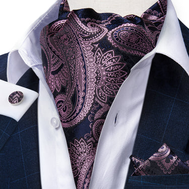 Purple Blue Paisley Silk Cravat Woven Ascot Tie Pocket Square Handkerchief Suit Set