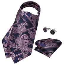 Purple Blue Paisley Silk Cravat Woven Ascot Tie Pocket Square Cufflinks With Tie Ring Gift Box Set