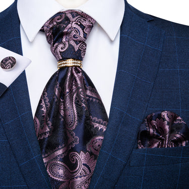 Purple Blue Paisley Silk Cravat Woven Ascot Tie Pocket Square Cufflinks With Tie Ring Set