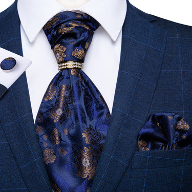 Blue Brown Floral Silk Cravat Woven Ascot Tie Pocket Square Cufflinks With Tie Ring Set