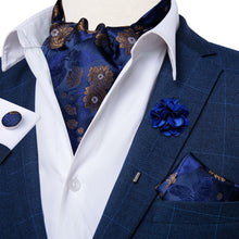 Blue Golden Floral Paisley Silk Cravat Woven Ascot Tie Pocket Square Handkerchief Suit with Lapel Pin Brooch Set
