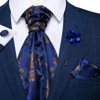 Blue Golden Floral Paisley Silk Cravat Woven Ascot Tie Pocket Square Handkerchief Suit with Lapel Pin Brooch Set