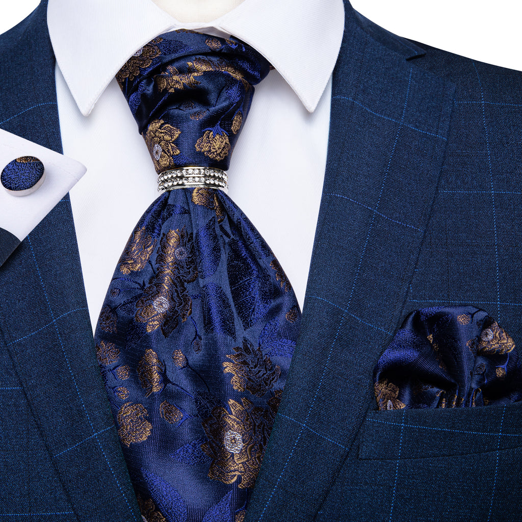 Blue Brown Floral Silk Cravat Woven Ascot Tie Pocket Square Cufflinks ...