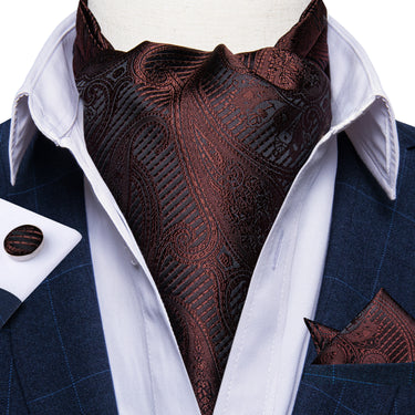 Brown Black Paisley Silk Cravat Woven Ascot Tie Pocket Square Handkerchief Suit Set