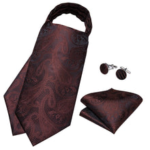 Brown Black Paisley Silk Cravat Woven Ascot Tie Pocket Square Cufflinks With Tie Ring Gift Box Set