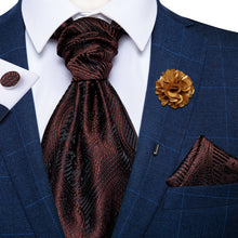 Brown Floral Paisley Silk Cravat Woven Ascot Tie Pocket Square Handkerchief Suit with Lapel Pin Brooch Set