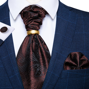 Brown Black Paisley Silk Cravat Woven Ascot Tie Pocket Square Cufflinks With Tie Ring Set