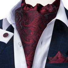 Red Paisley Silk Cravat Woven Ascot Tie Pocket Square Handkerchief Suit Set