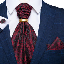 Red Paisley Silk Cravat Woven Ascot Tie Pocket Square Cufflinks With Tie Ring Set
