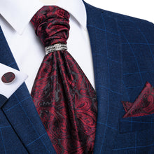 Red Paisley Silk Cravat Woven Ascot Tie Pocket Square Cufflinks With Tie Ring Set