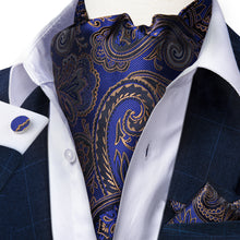 Blue Gold Floral Silk Cravat Woven Ascot Tie Pocket Square Handkerchief Suit Set