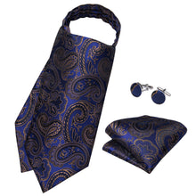 Blue Gold Floral Silk Cravat Woven Ascot Tie Pocket Square Handkerchief Suit Set