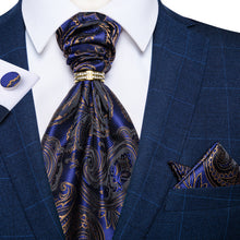 Blue Gold Floral Silk Cravat Woven Ascot Tie Pocket Square Cufflinks With Tie Ring Set