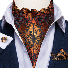 Gold Black Floral Silk Cravat Woven Ascot Tie Pocket Square Handkerchief Suit Set