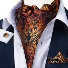 Gold Black Floral Silk Cravat Woven Ascot Tie Pocket Square Handkerchief Suit Set