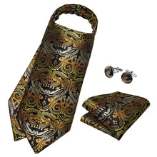 Gold Black Paisley Silk Cravat Woven Ascot Tie Pocket Square Handkerchief Suit Set